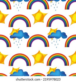 Hermoso arco iris y nubes azules con el sol, los rayos solares y la lluvia sobre fondo blanco. Patrón sin foco con nubes y sol. Papel de escritorio para la habitación de los niños. Ilustración vectorial con nubes.