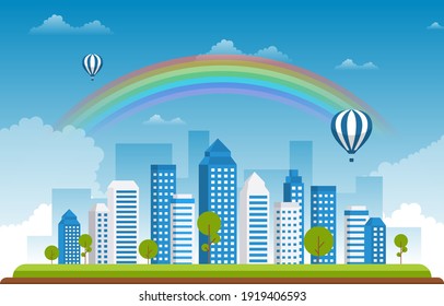 Beautiful Rainbow City Summer Cityscape Landscape Illustration