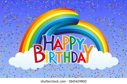 Beautiful rainbow with clouds and birthday greetings on blue background.