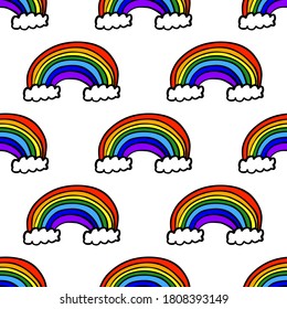 Beautiful rainbow with clouds isolated on white background. Colored drawing. Vector flat graphic hand drawn illustration. Texture.
