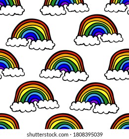 Schöner Regenbogen mit Wolken einzeln auf weißem Hintergrund. Farbige Zeichnung. Vektorflache, handgezeichnete Illustration. Muster.