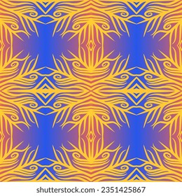 Beautiful rainbow gradient colour seamless flower line art batik ethnic dayak ornament for fashion textile pattern background 