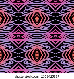 Beautiful rainbow gradient colour seamless flower line art batik ethnic dayak ornament for fashion textile pattern background 