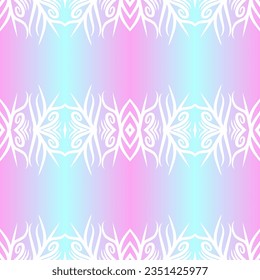 Beautiful rainbow gradient colour seamless flower line art batik ethnic dayak ornament for fashion textile pattern background 