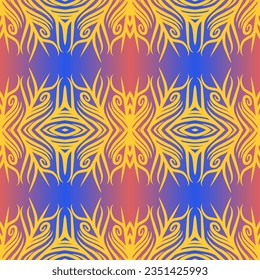 Beautiful rainbow gradient colour seamless flower line art batik ethnic dayak ornament for fashion textile pattern background 