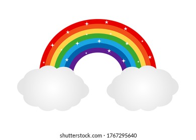 Beautiful rainbow icon with clouds. Vector colorful summer illustration.