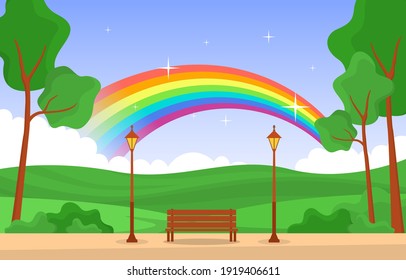 Beautiful Rainbow in Park Summer Nature Landscape Illustration