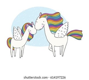 Beautiful rainbow pegasus. A horse with wings.  isolated objects on white background. Vector illustration. 