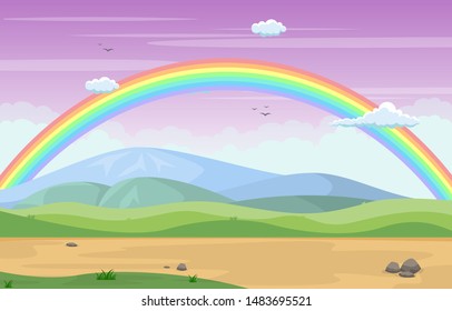 Beautiful Rainbow Sky with Green Meadow Mountain Nature Landscape Illustration