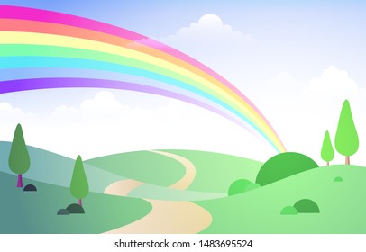 Beautiful Rainbow Sky with Green Meadow Mountain Nature Landscape Illustration