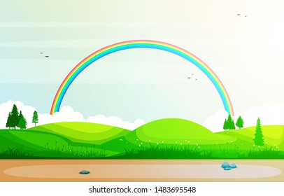 Beautiful Rainbow Sky with Green Meadow Mountain Nature Landscape Illustration