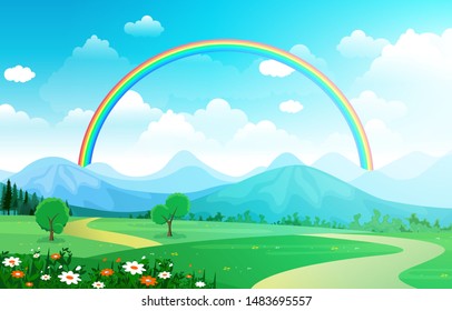 Beautiful Rainbow Sky with Green Meadow Mountain Nature Landscape Illustration