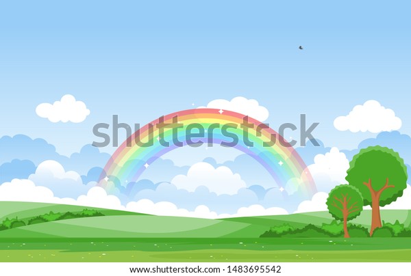 美しい虹の空と緑の牧草地の山岳自然の風景イラスト のベクター画像素材 ロイヤリティフリー