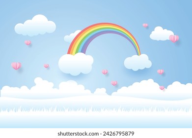 beautiful rainbow in the sky,  paper art style,Vector illustration.