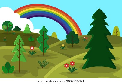 Beautiful Rainbow Summer Hills Meadow Nature Landscape Illustration