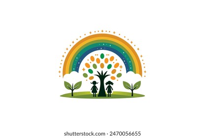 Beautiful Rainbow Summer Mountain Meadow Nature Landscape Illustration Pro Vector