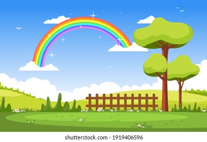 Beautiful Rainbow in Summer Nature Landscape Scenery Illustration