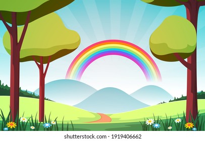 Beautiful Rainbow in Summer Nature Landscape Scenery Illustration