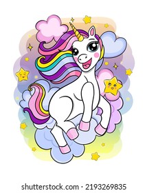 Beautiful rainbow unicorn with clouds and stars, sweet dreams concept, vector illustration