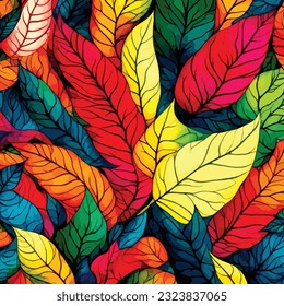 Hermoso patrón de hojas abstractas de color arcoiris dibujado a mano