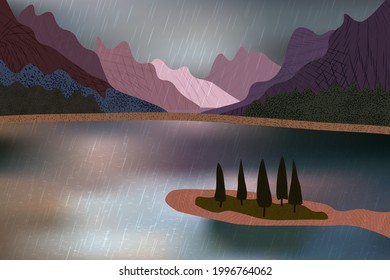 Beautiful rainy day with mountains view over water surface and pine trees.