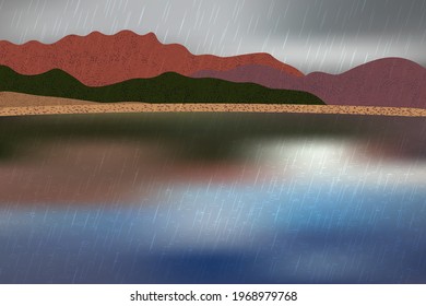 Beautiful rainy day with mountains and water coast view.