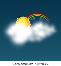 Beautiful rainy season background with cloud, sun and rainbows in the sky.