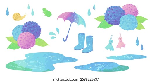 Beautiful rainy season illustrations in watercolor or crayon. Vector illustration of hydrangea, umbrella, frog, etc.