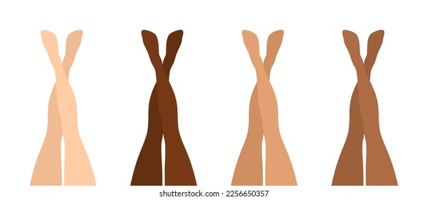 Beautiful raised crossed female legs of different skin color isolated on white background. Flat vector illustration