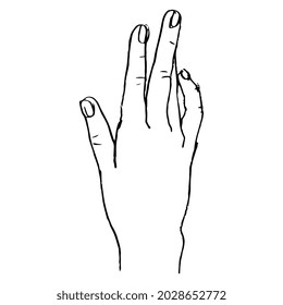 Beautiful raised up female hand in elegant gesture. Hand drawn linear doodle rough sketch. Black silhouette on white background.