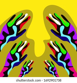 Beautiful, raised three pairs of hands on a yellow background. Vector illustration. Raised hands up during the dance.