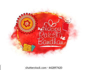 Beautiful Rakhi decorated, Elegant Greeting Card design for Indian Traditional Festival of Brothers and Sisters, Happy Raksha Bandhan celebration.