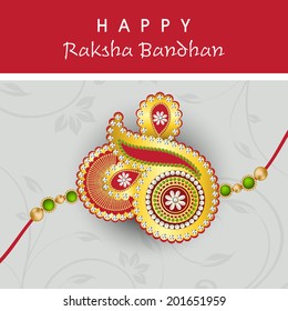Beautiful rakhi design on floral decorated grey background on the occasion of Happy Raksha Bandhan.  