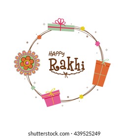 Beautiful Rakhi and Gifts decorated, Greeting Card design for Indian Traditional Festival, Happy Rakhi (Happy Raksha Bandhan) celebration.