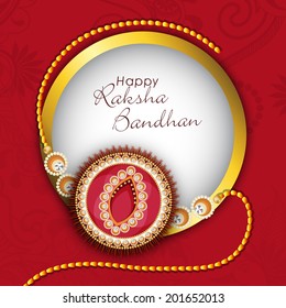 Beautiful rakhi in golden frame on floral decorated maroon background for Happy Raksha Bandhan celebrations.