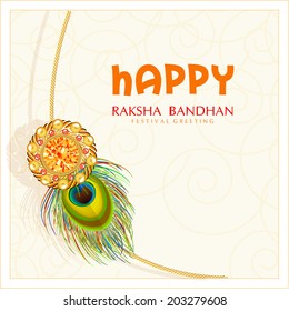 Beautiful rakhi in golden frame on floral decorated maroon with gems background for Happy Raksha Bandhan celebrations. Peacock feathers.