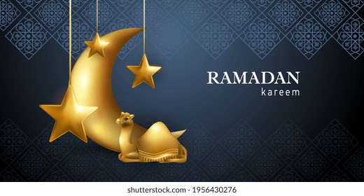Beautiful Ramadan background with beautiful background with patterns, camel, crescent moon, stars at night . Holiday design for the holiday