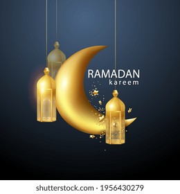 Beautiful Ramadan background with beautiful background with patterns, flashlight, crescent moon, stars on dark background. Holiday design for the holiday