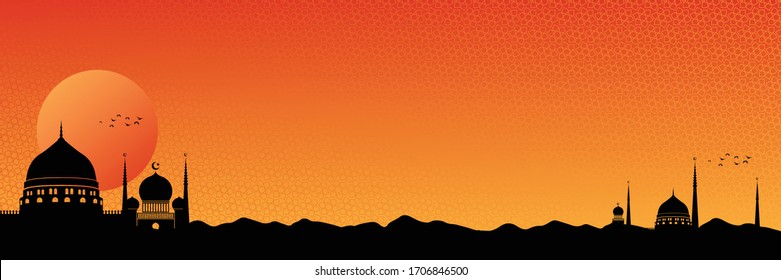 Beautiful Ramadan background with a view of a mosque in the desert with sun and mosque at night time. Silhouette islamic design for ramadhan kareem greeting card or eid mubarak banner