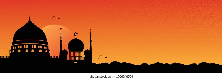 Beautiful Ramadan background with a view of a mosque in the desert with sun and mosque at night time. Silhouette islamic design for ramadhan kareem greeting card or eid mubarak banner