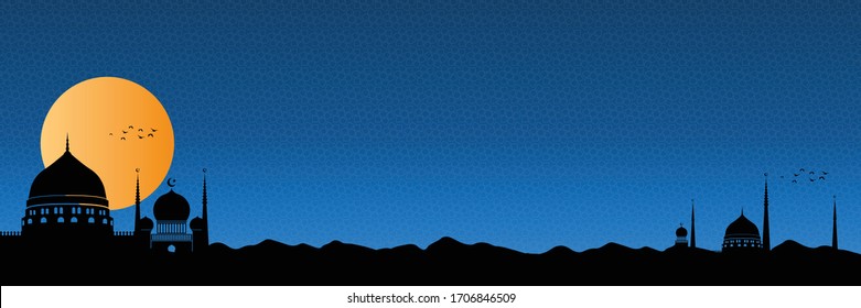 Beautiful Ramadan background with a view of a mosque in the desert with sun and mosque at night time. Silhouette islamic design for ramadhan kareem greeting card or eid mubarak banner