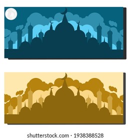 Beautiful Ramadan background with a view of a mosque in the desert with sun and mosque at night time. Silhouette islamic design for ramadhan kareem greeting card or eid mubarak banner