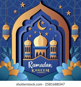 Beautiful Ramadan celebration design featuring crescent moon, stars, and mosque architecture in an intricate frame