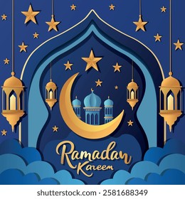 Beautiful Ramadan celebration design featuring crescent moon, stars, and mosque architecture in an intricate frame