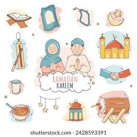 beautiful ramadan day collection icon set. illustration of happy Muslims celebrating the Holy Month of Ramadan and greeting Eid al-Fitr.