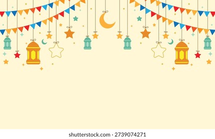 Beautiful Ramadan Festive Background with Lanterns, Stars, and Bunting