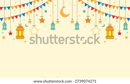 Beautiful Ramadan Festive Background with Lanterns, Stars, and Bunting