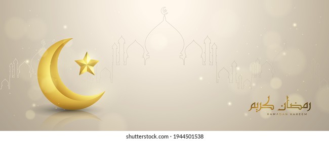 Beautiful Ramadan Kareem in Arabic calligraphy text. Golden crescent moon, star, and glitter particles. Illustration of realistic 3D Islamic greeting card on the floor. Mosque line art.