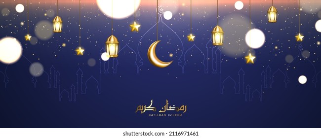 Beautiful Ramadan Kareem background with Arabic calligraphy and falling glitter particles. Islamic elements hanging on a dark background