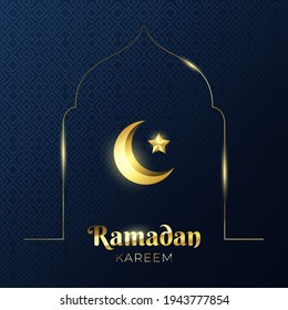 Beautiful Ramadan Kareem background design with crescent moon and star. Islamic greeting card illustration with mosque door.